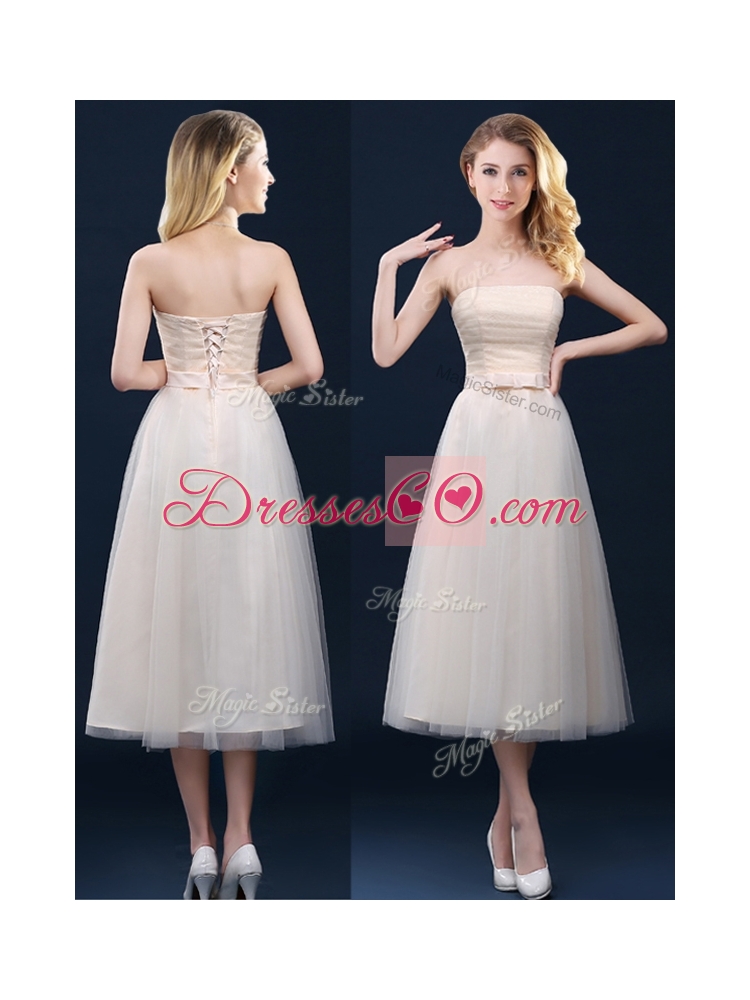 Low Price Strapless Belt Champagne Long Prom Dress in Tulle