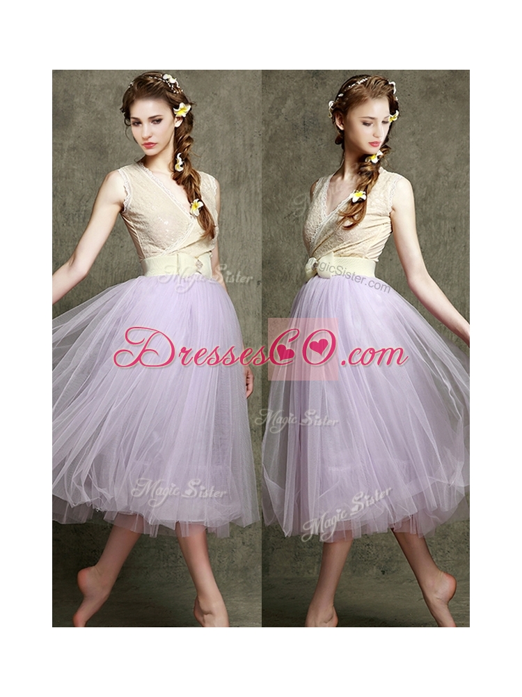 New Style Lavender V Neck Prom Dress with Bowknot and Belt