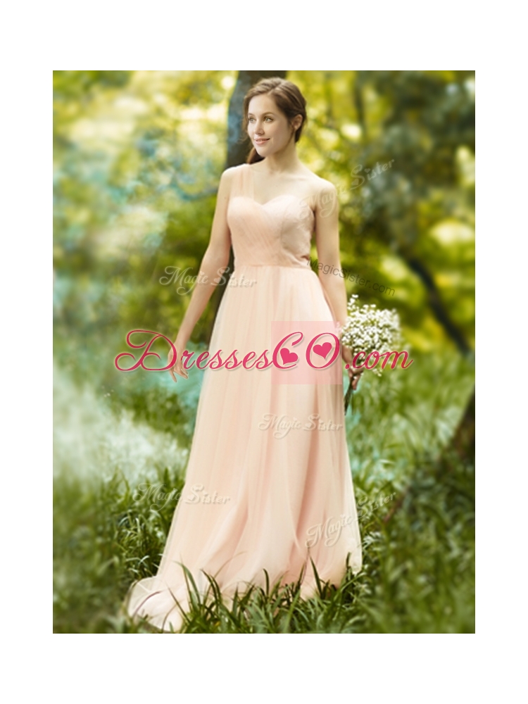 Beautiful Floor Length Tulle Prom Dress in Peach
