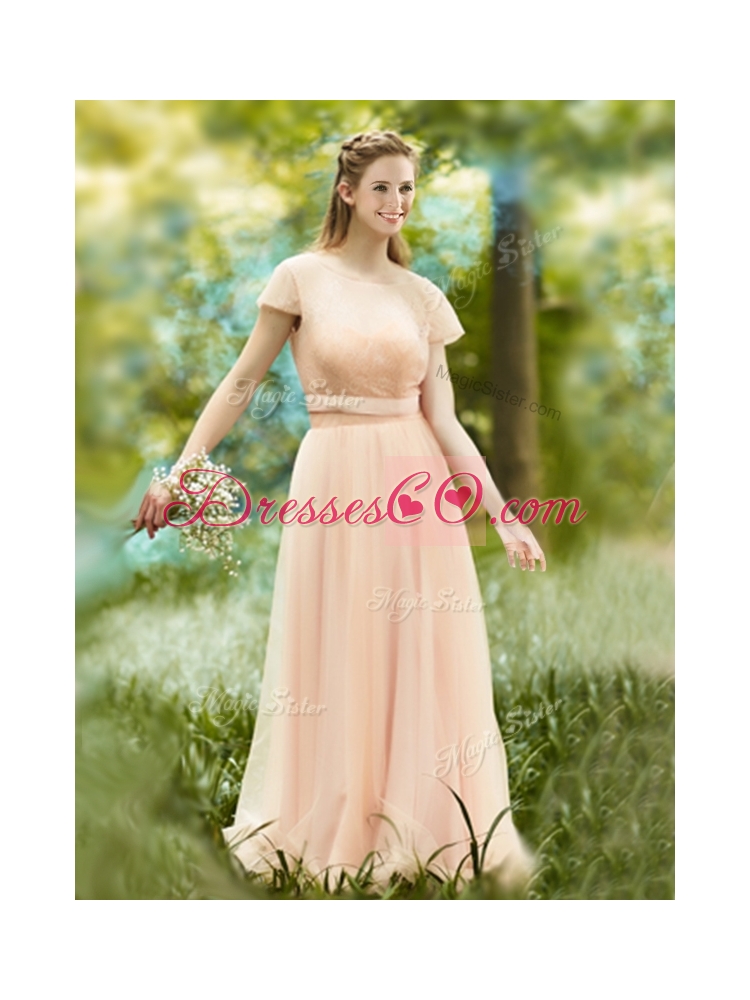 Beautiful Floor Length Tulle Prom Dress in Peach