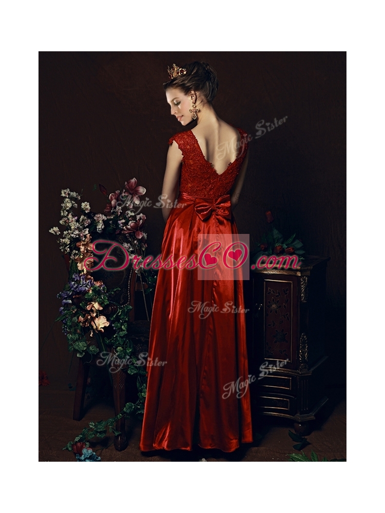 Cheap Scoop Laced and Bowknot Prom Dress in Wine Red
