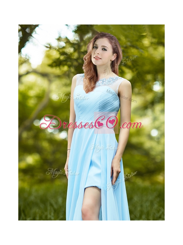 Elegant See Through Scoop Appliques Prom Dress in Light Blue