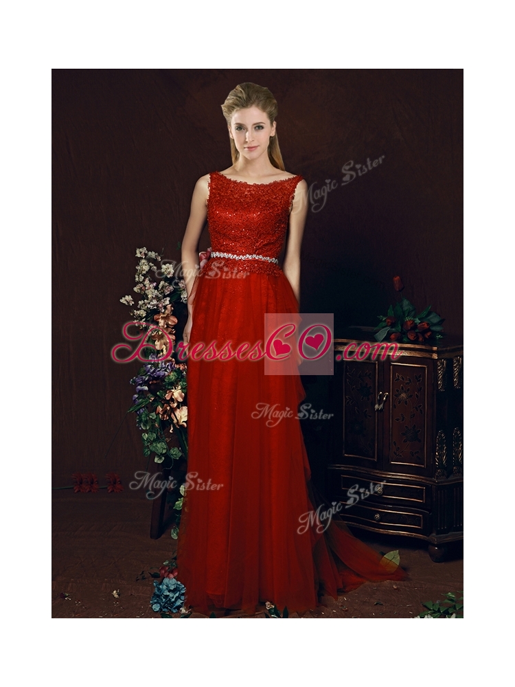 Exclusive See Through Belted Brush Train Prom Dress in Tulle