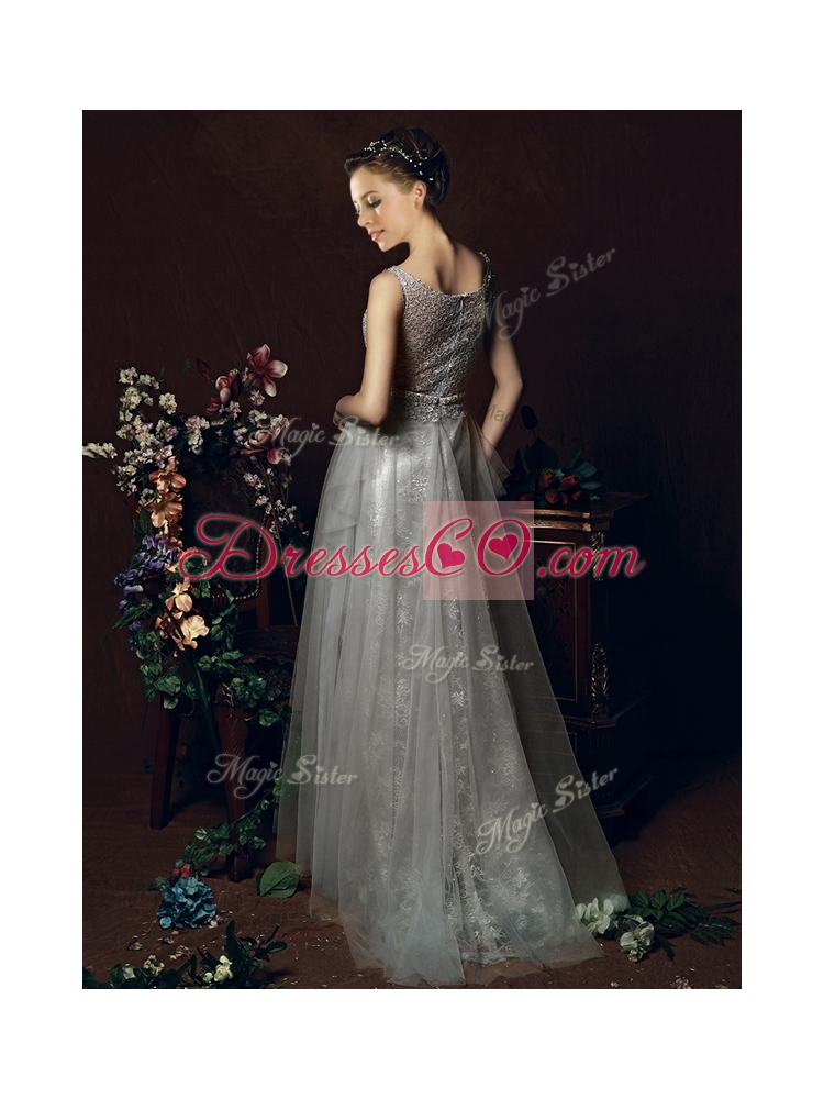 Exclusive See Through Belted Brush Train Prom Dress in Tulle