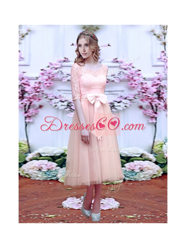 Fashionable See Through Scoop Half Sleeves Prom Dress with Bowknot