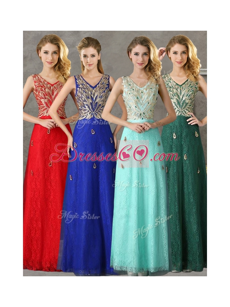 Fashionable V Neck Long Prom Dress with Appliques and Beading