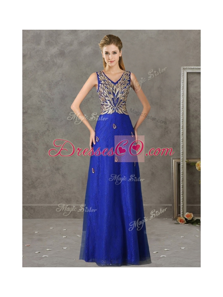 Fashionable V Neck Long Prom Dress with Appliques and Beading