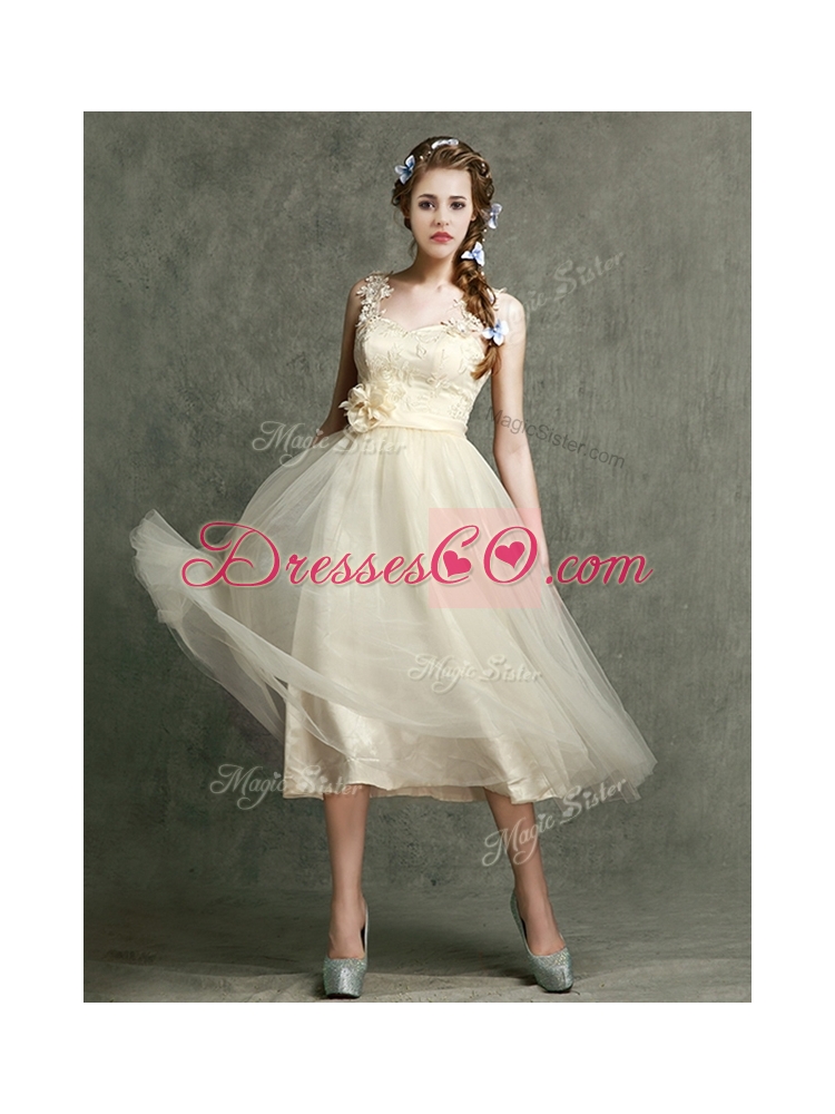 Gorgeous Straps Champagne Prom Dress with Appliques and Hand Made Flowers
