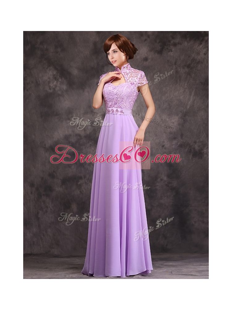 Low Price High Neck Cap Sleeves Lavender Long Prom Dresses