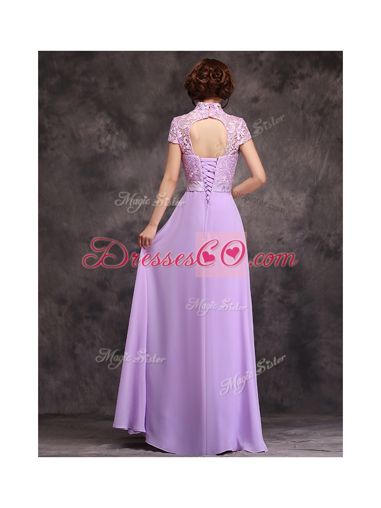 Low Price High Neck Cap Sleeves Lavender Long Prom Dresses