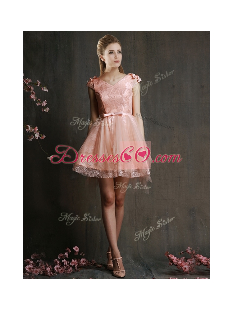 Modest V Neck Cap Sleeves Short Prom Dress with Belt and Appliques