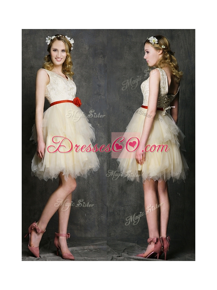 Most Popular V Neck Short Prom Dress with Belt and Ruffled Layers
