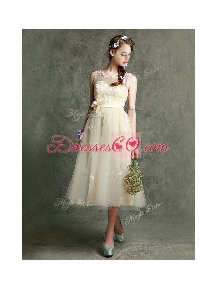 New Arrivals Tea Length Tulle Prom Dress in Champagne