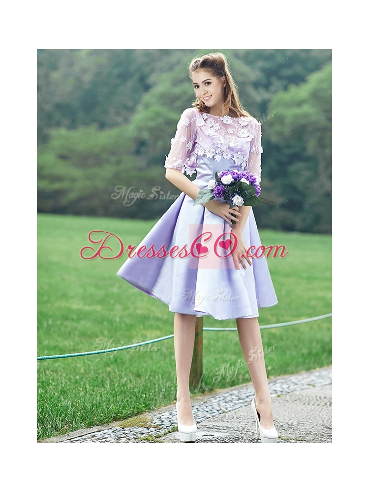 New Style Bateau Half Sleeves Lavender Prom Dress with Appliques