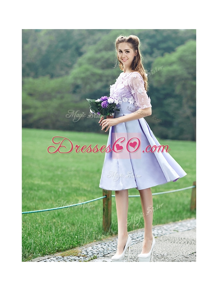New Style Bateau Half Sleeves Lavender Prom Dress with Appliques