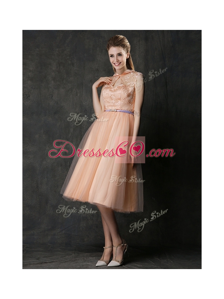Popular High Neck Peach Prom Dress with Sashes and Lace