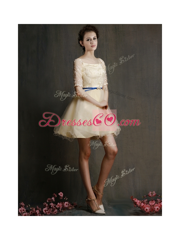 Romantic Square Half Sleeves Prom Dress with Sashes and Lace