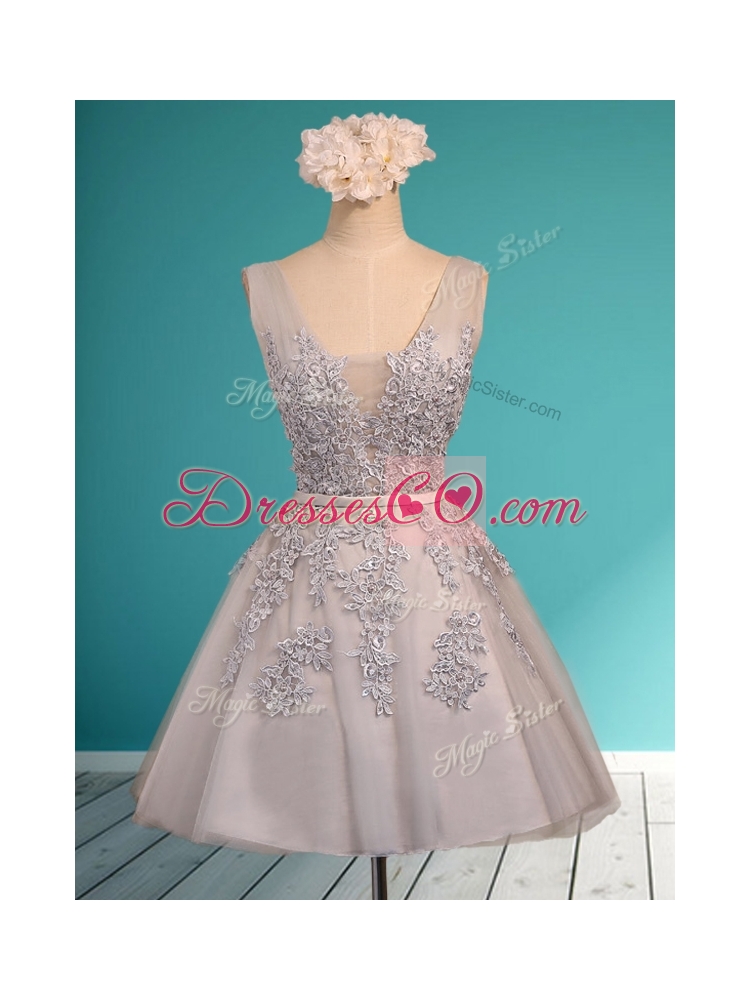 See Through Deep V Neckline Prom Dress with Appliques and Belt