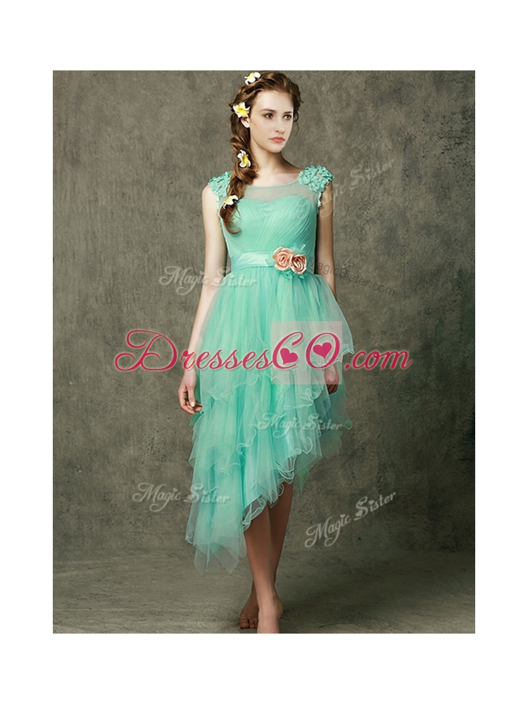 See Through Scoop Prom Dress with Appliques and Hand Made Flowers