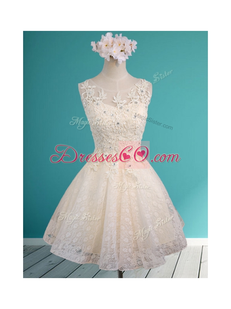 See Through Scoop Short Prom Dress with Beading and Appliques