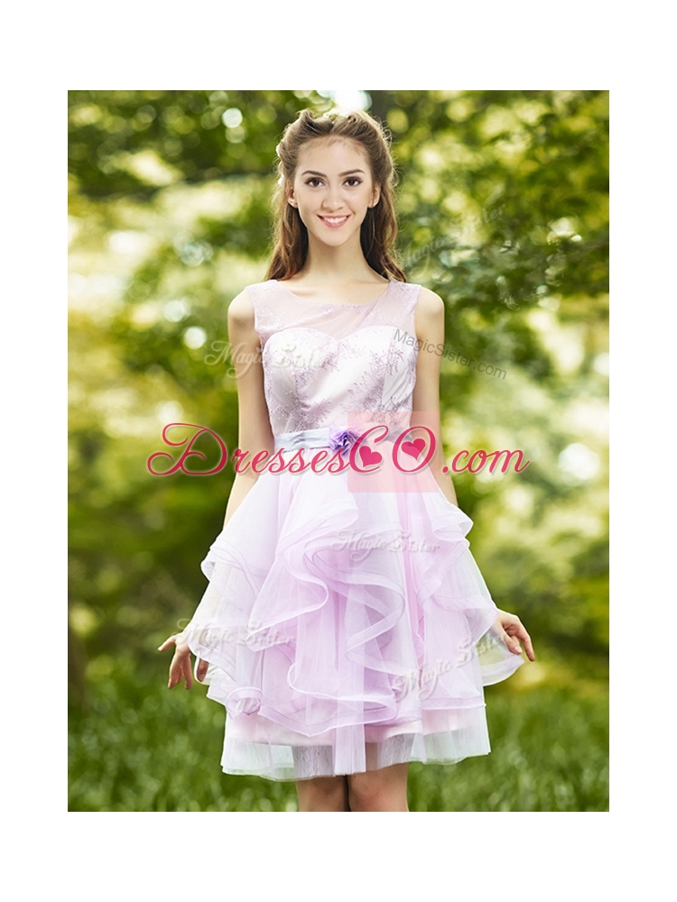 See Through Scoop Short Prom Dress with Sashes and Ruffles
