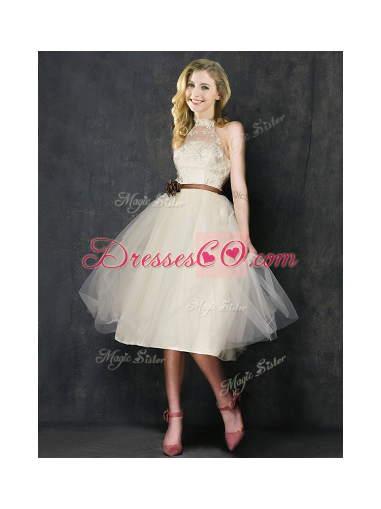 Sweet High Neck Champagne Prom Dress with Hand Made Flowers and Lace
