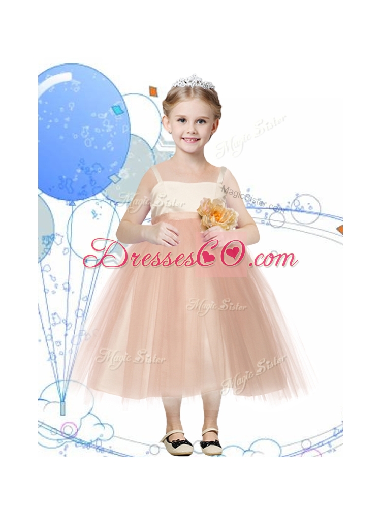 Affordable Spaghetti Straps Hand Made Flowers Little Girl Pageant Dress in Champagne