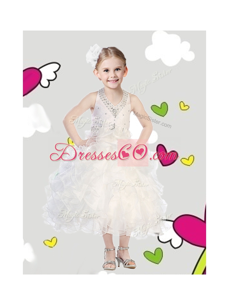 Beaded and Ruffled Halter Top Little Girl Pageant Dress in Tea Length