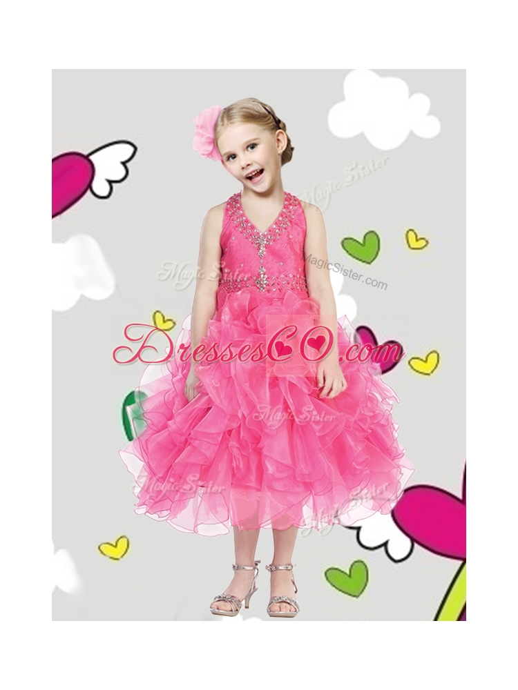 Beaded and Ruffled Halter Top Little Girl Pageant Dress in Tea Length