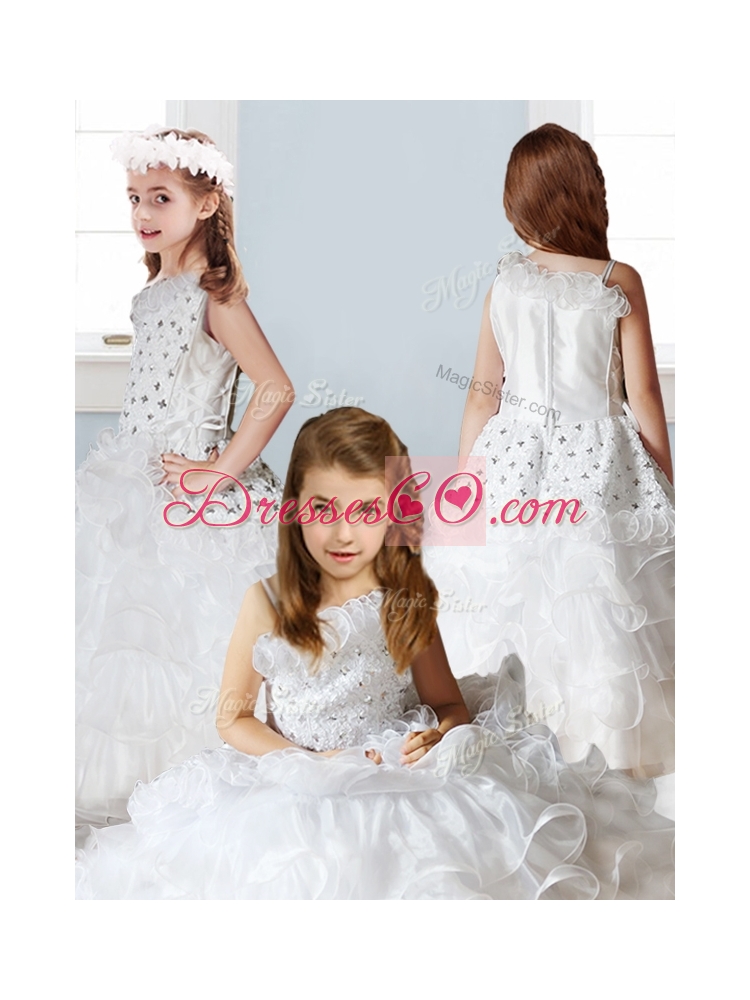 Fashionable Asymmetrical Neckline Little Girls Pageant Dress with Beading and Ruffles