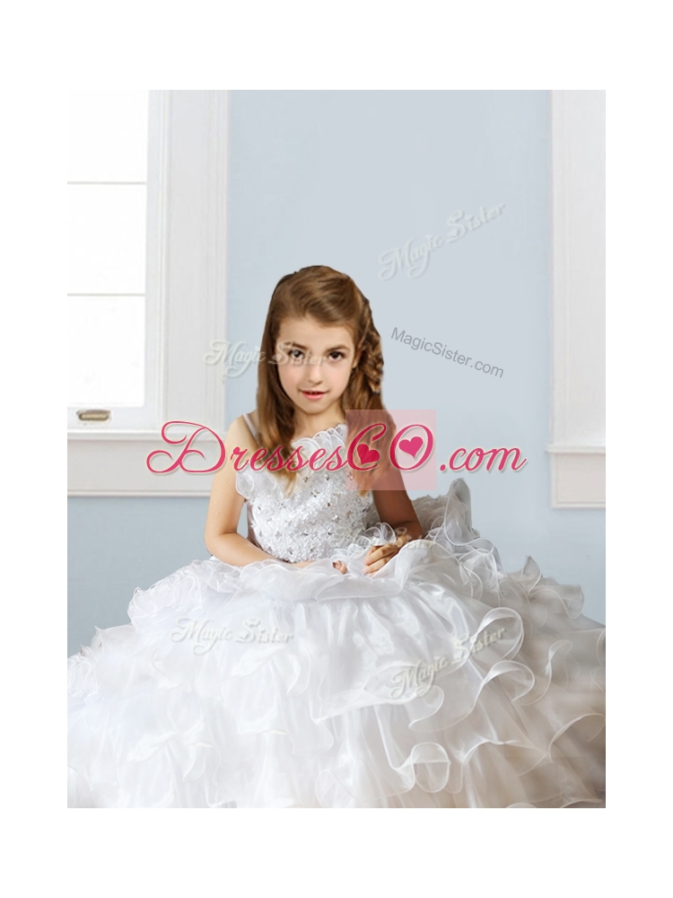 Fashionable Asymmetrical Neckline Little Girls Pageant Dress with Beading and Ruffles
