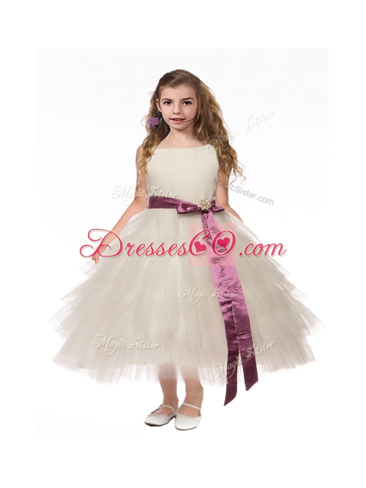 Lovely Scoop White Little Girls Pageant Dress with Bowknot and Ruffled Layers