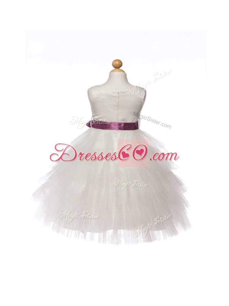 Lovely Scoop White Little Girls Pageant Dress with Bowknot and Ruffled Layers