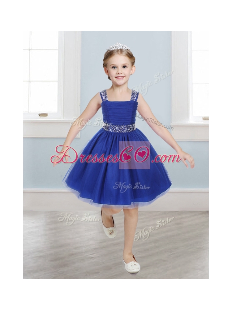 Perfect Straps Royal Blue Little Girl Pageant Dress with Beading and Bowknot