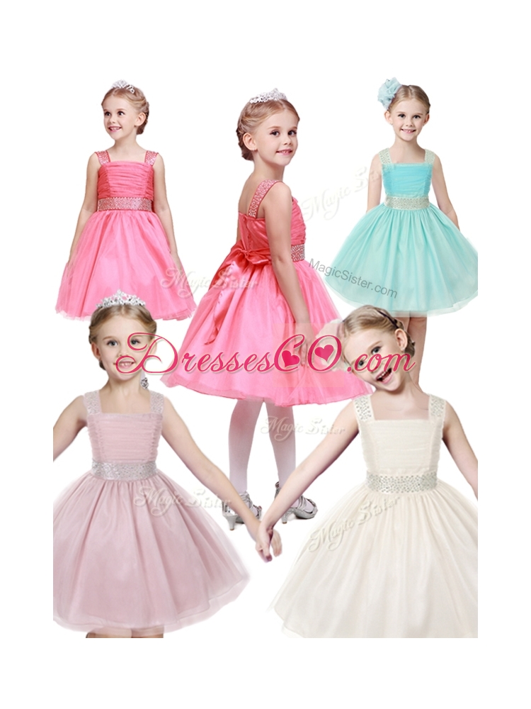 Popular Straps Tulle Little Girl Pageant Dress with Bowknot and Beading