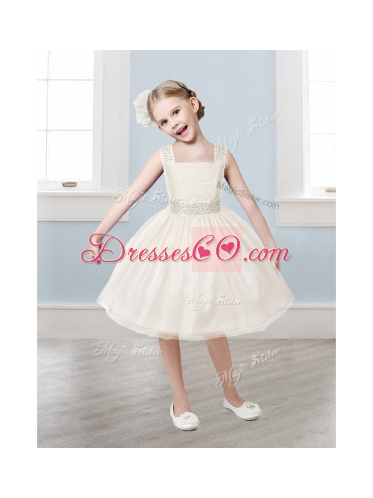 Popular Straps Tulle Little Girl Pageant Dress with Bowknot and Beading