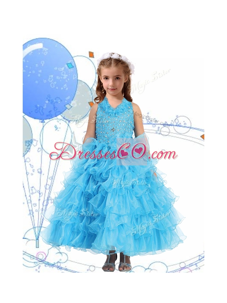 Affordable Halter Top Little Girl Pageant Dress with Beading and Ruffled Layers