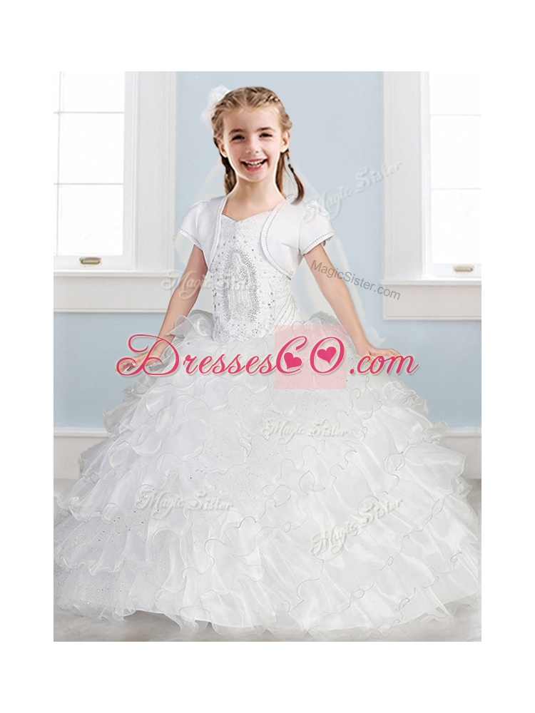 Affordable Spaghetti Straps Flower Girl Dress with Ruffled Layers and Embroidery