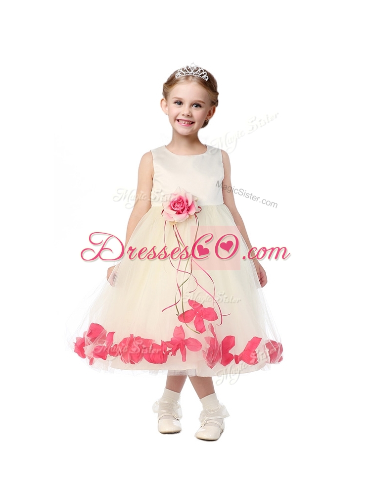 Scoop Little Girls Pageant Dress with Red Hand Made Flowers