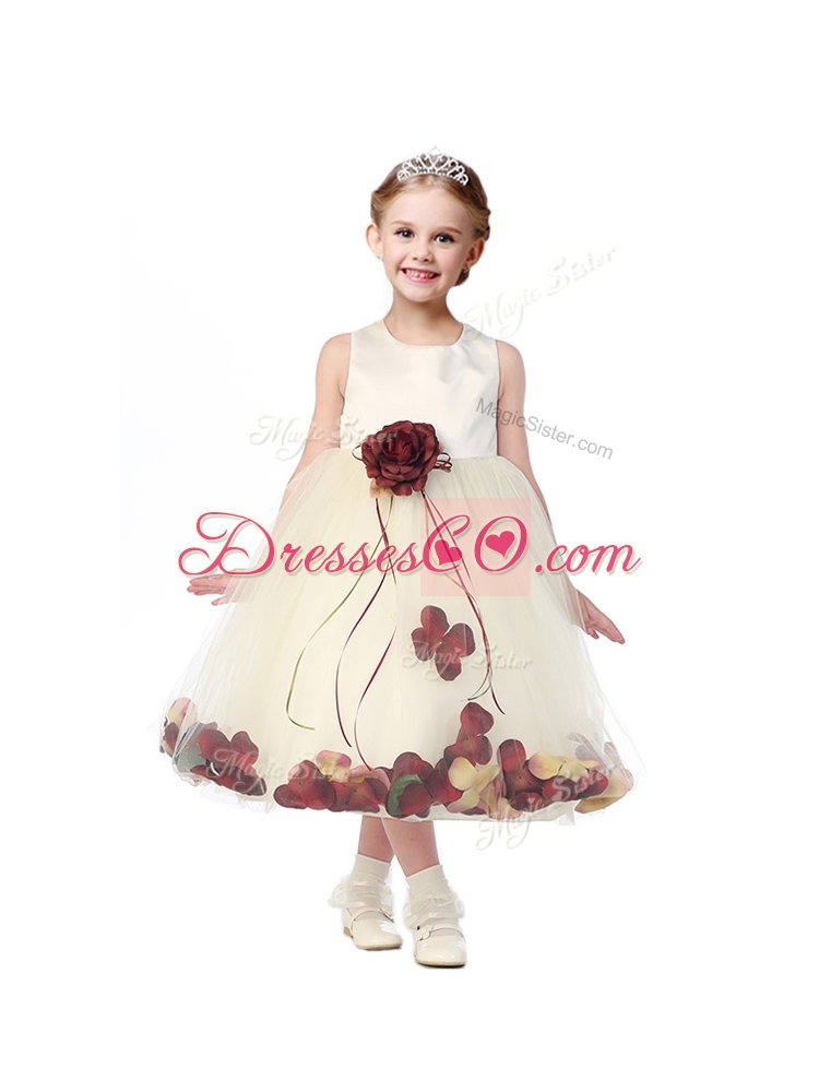 Scoop Little Girls Pageant Dress with Red Hand Made Flowers