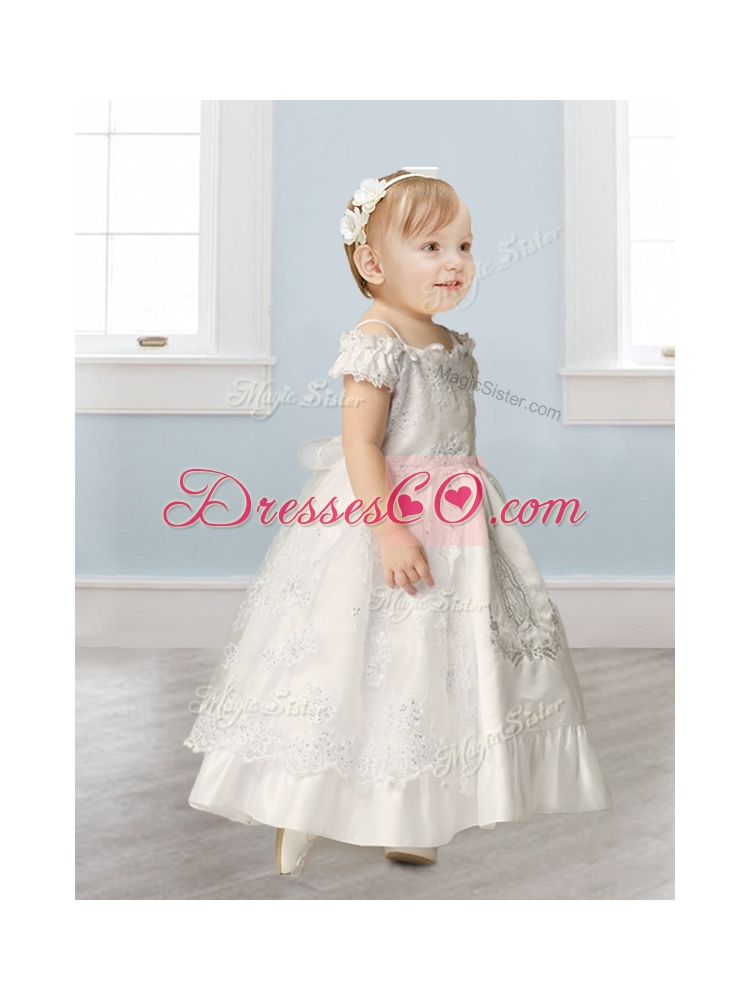 Cheap Spaghetti Straps Cap Sleeves Flower Girl Dress with Lace and Beading
