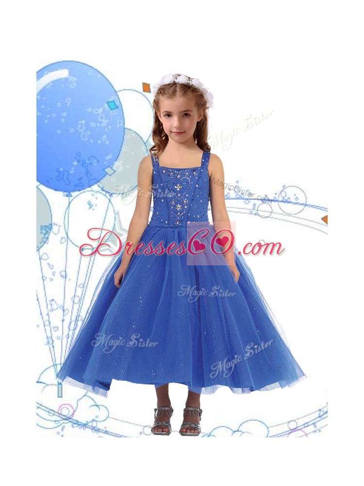Elegant Straps Beading Little Girl Pageant Dress in Ankle Length