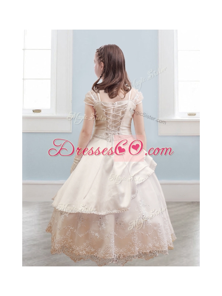 Fashionable Bateau Cap Sleeves Champagne Flower Girl Dress with Lace and Belt