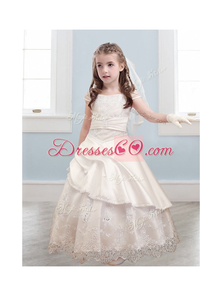 Fashionable Bateau Cap Sleeves Champagne Flower Girl Dress with Lace and Belt