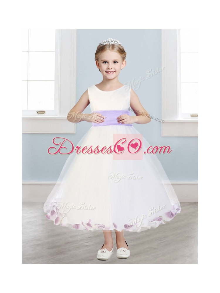 Fashionable Scoop Hand Made Flowers and Appliques Little Girls Pageant Dress in White