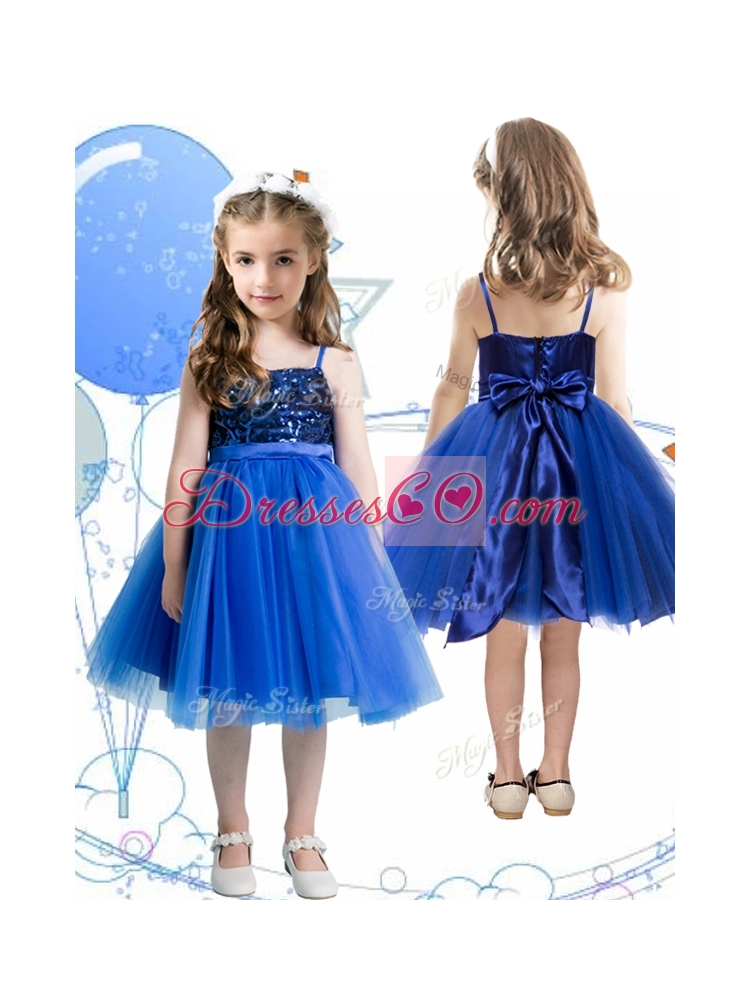 Fashionable Spaghetti Straps Royal Blue Little Girl Pageant Dress with Sashes and Sequins