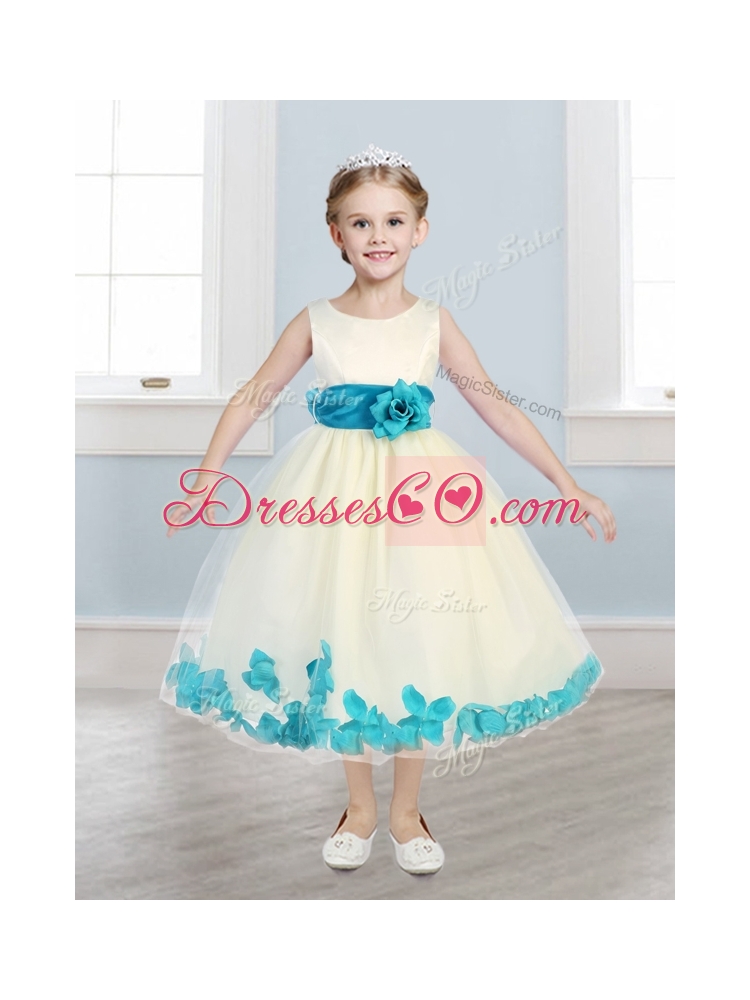 Lovely Scoop Little Girls Pageant Dress with Teal Hand Made Flowers