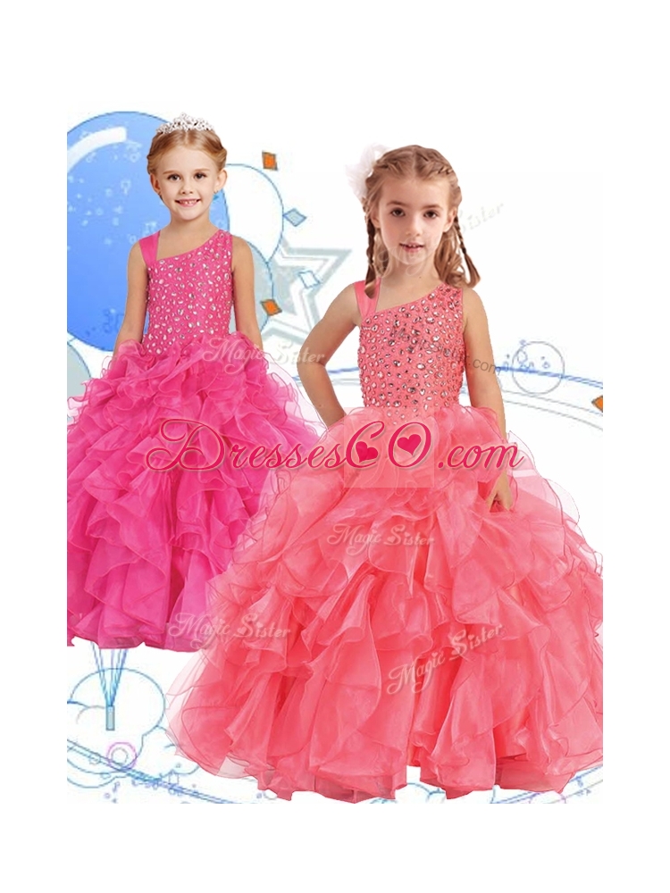 Perfect Beaded and Ruffled Asymmetrical Neckline Little Girl Pageant Dress in Watermelon Red