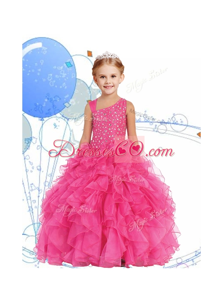 Perfect Beaded and Ruffled Asymmetrical Neckline Little Girl Pageant Dress in Watermelon Red