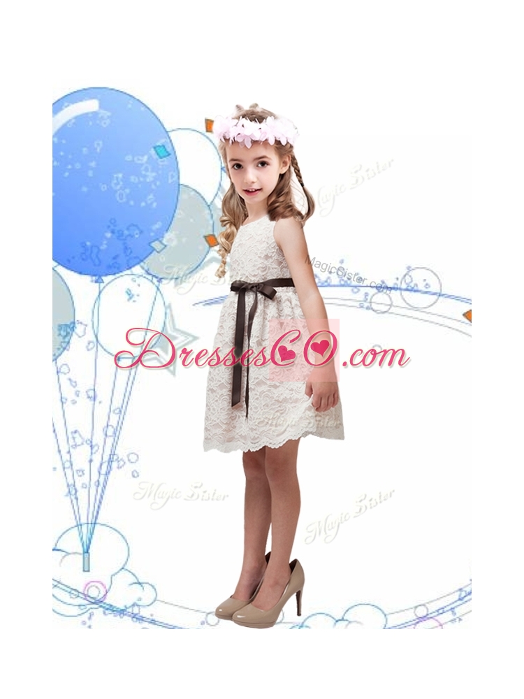 Perfect Scoop Champagne Little Girl Pageant Dress with Sashes and Lace